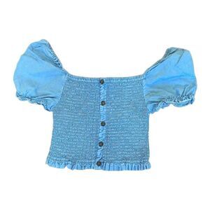 LOVE Tree‎ Crop Top Ruched Button Front Puff Sleeves Denim Blue Size S